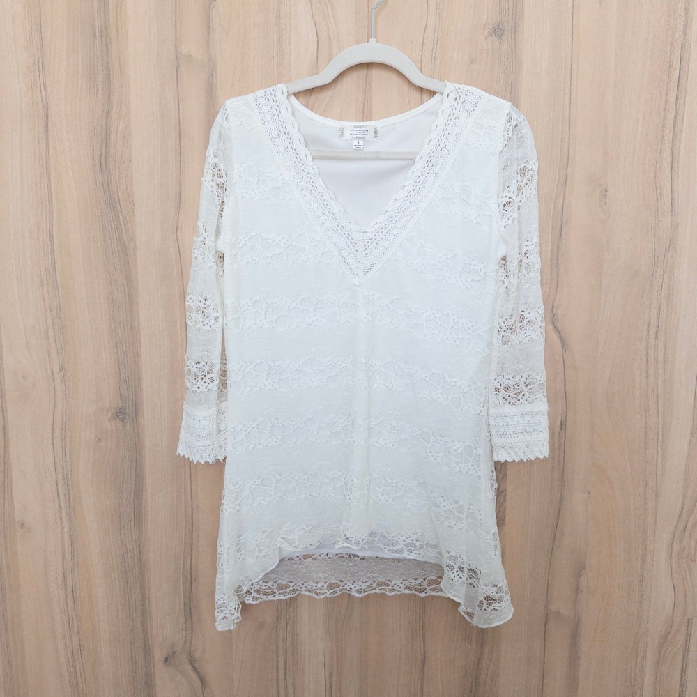 Womens Lace Crochet Tunic Top Small White 3/4 Sleeve Boho Feminine Romantic